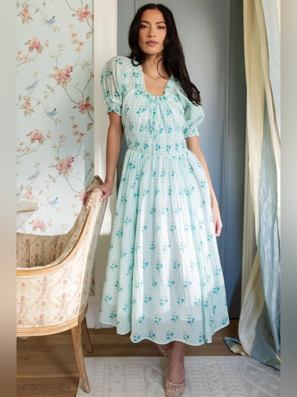 Ivy City Co Mint Floral Puff Sleeve Midi Dress - Picture 1 of 15